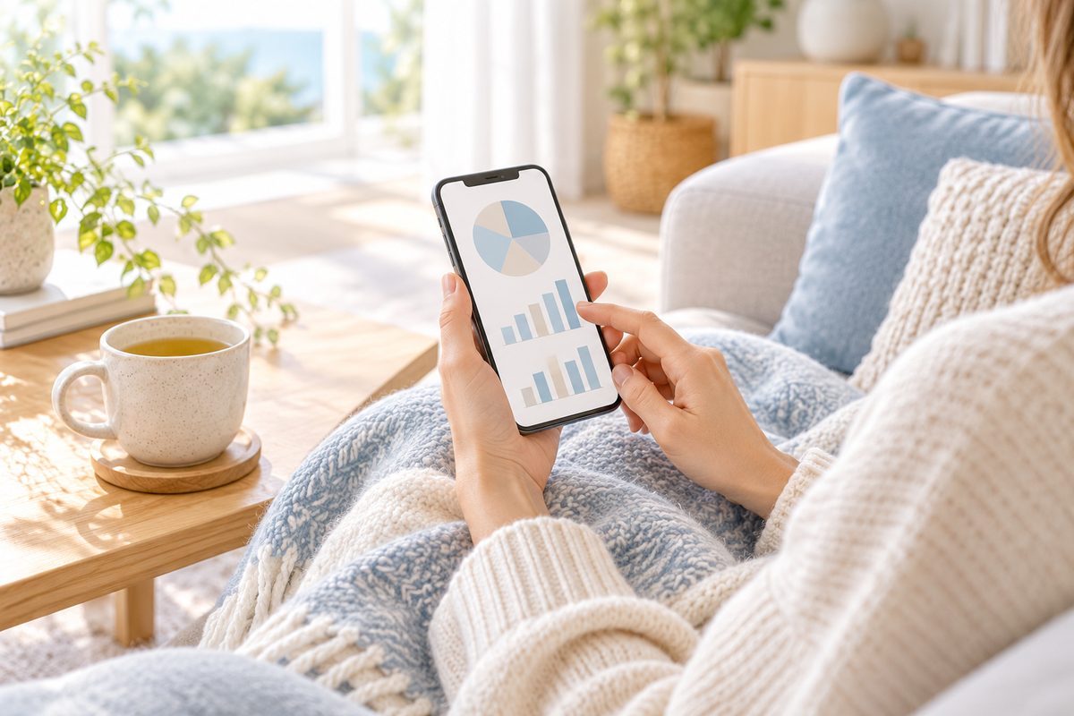 ソファでスマホの家計簿のグラフを眺めている手元