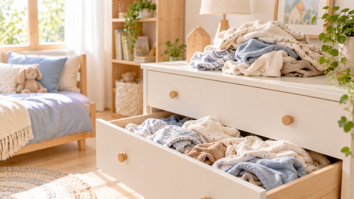 畳まずに引き出しに入れた子どもの服とタオル