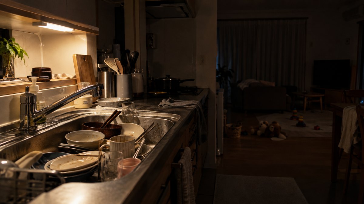 夜中2時、シンクに溜まった洗い物(イメージ)